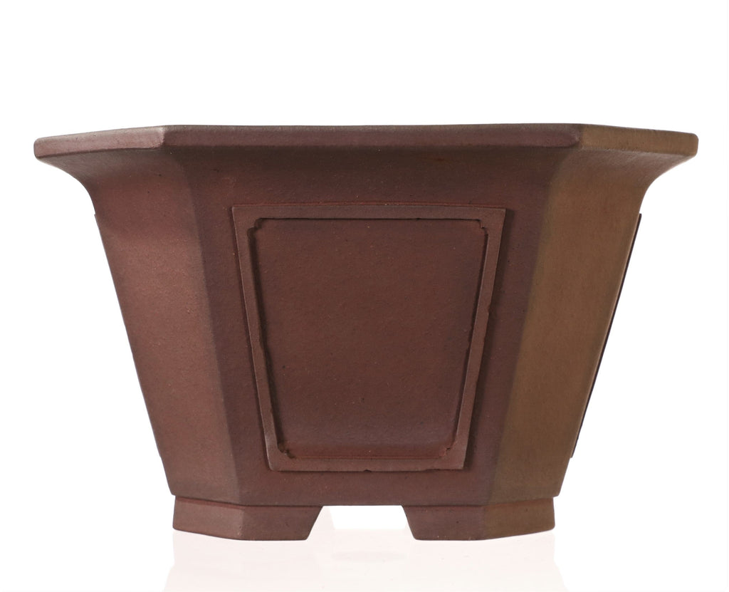Japanese Tokoname Yamaaki Semi Cascade Dark Brown Unglazed Indented Sqaure Bonsai Pot- 9.75" x 10" x 6"