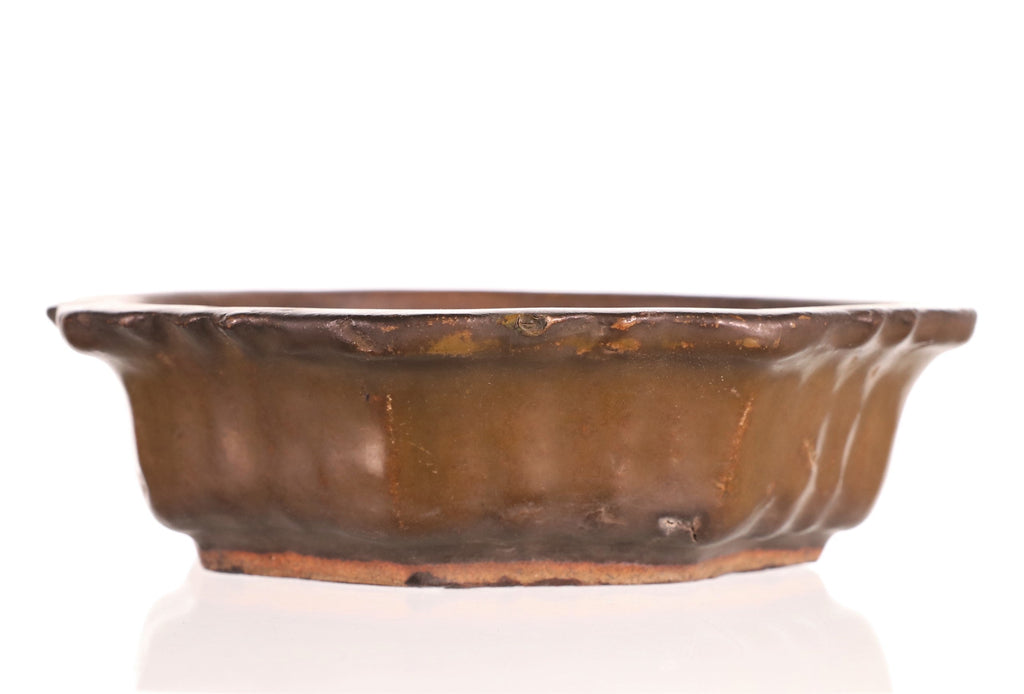 Antique Chinese Nakawatari Olive Glazed Round Bonsai Pot- 6.75" x 6.75" x 2"
