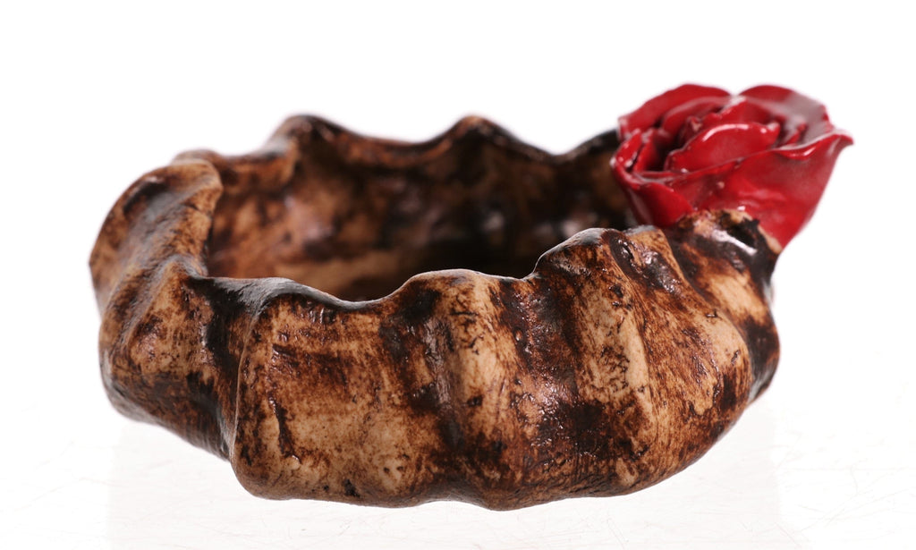 Handmade Red Rose Rustic Brown Glazed Pinch Pot by Willow Bonsai- 3.25" x 3.25" x 1.25"
