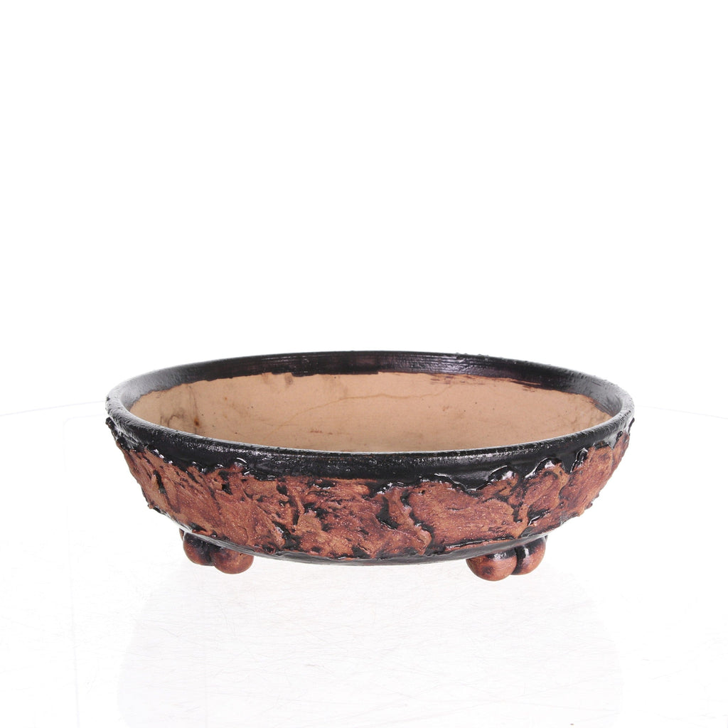 Brown , Black , and Cream  Le Ann Duling Round Bonsai Pot with Details - Glazed- 7" X  2.25"