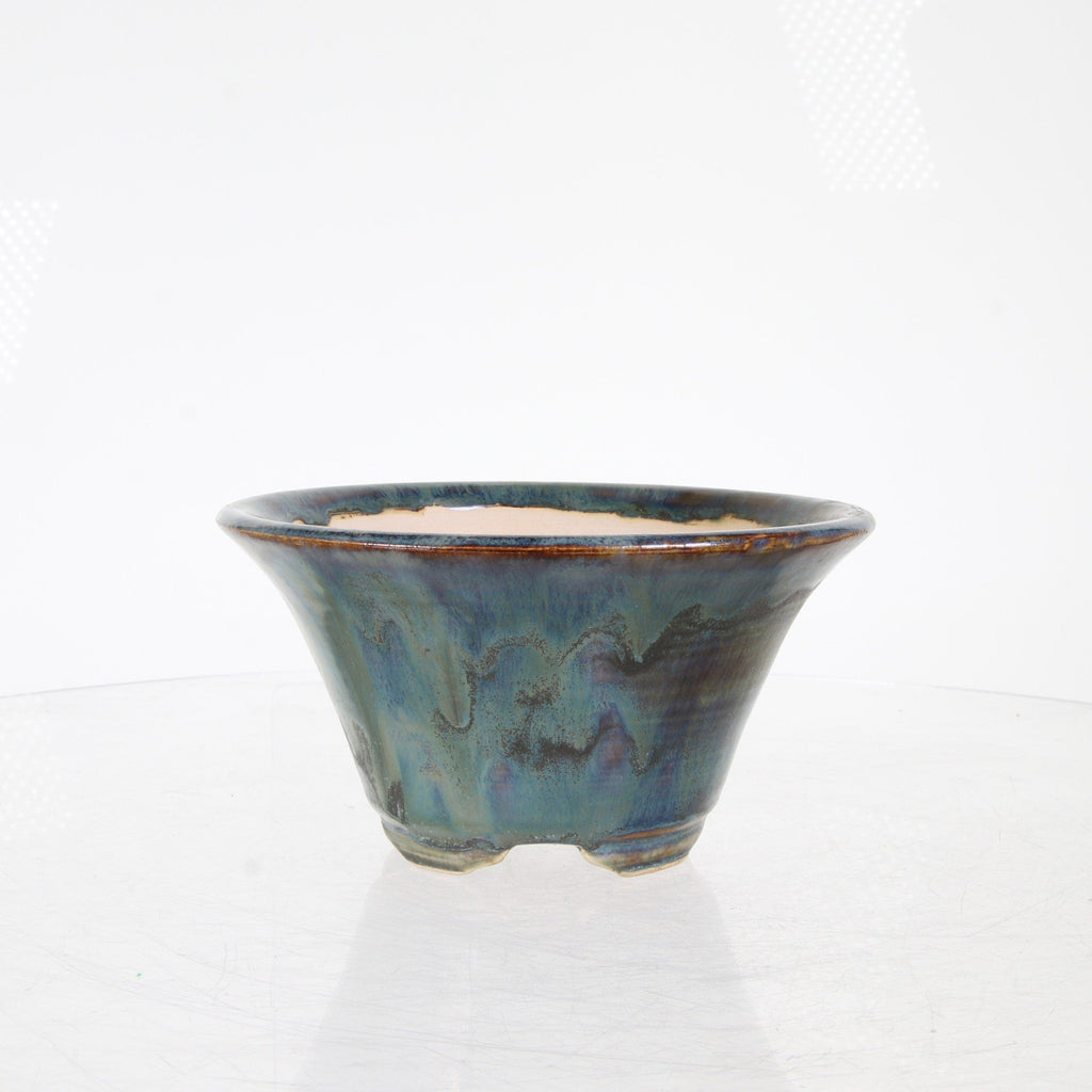 Sam Miller  Blue Round Glazed Bonsai Pot  -  5.5" x  5.5" x  3"