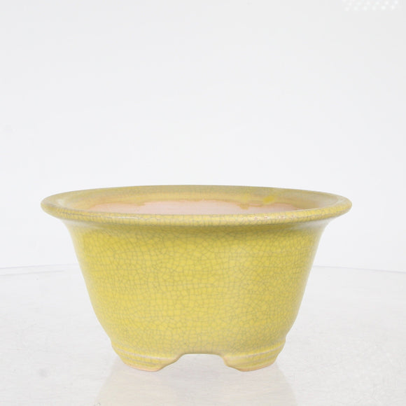 Sam Miller -Round  Yellow with Black Crackle Glazed Bonsai Pot  -  5